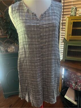 Flax Designs women’s linen Sleeveless Black/Gray Plaid Tunic dress medium